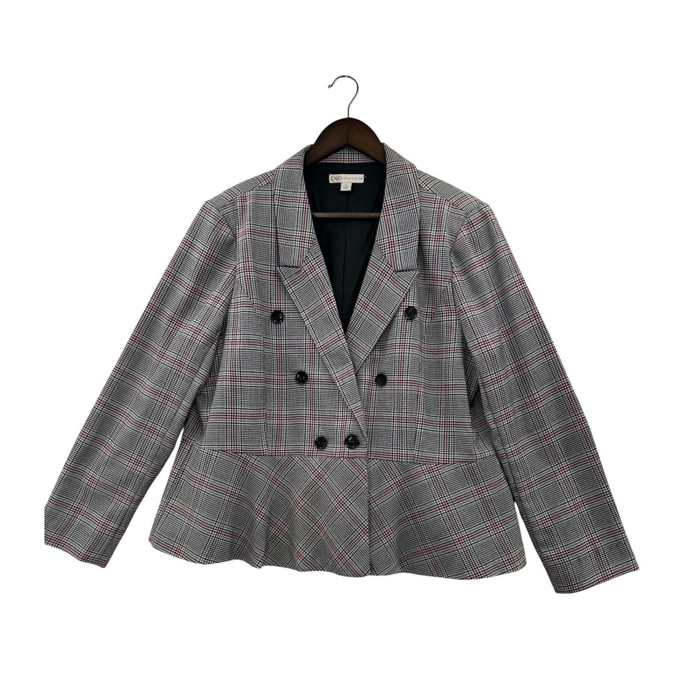 Cato Blazer Women XL Grey Pink Plaid Excellent Double Breasted Peplum Jacket